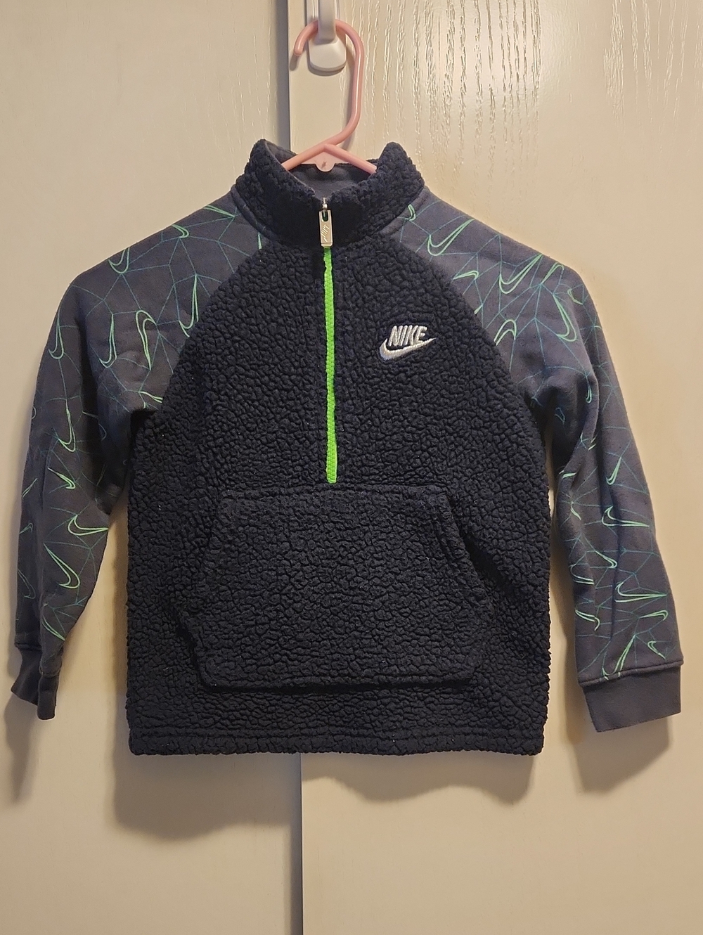 Nike Kids M (5-6) Navy Sherpa Half-Zip Pullover with Neon Green Trim